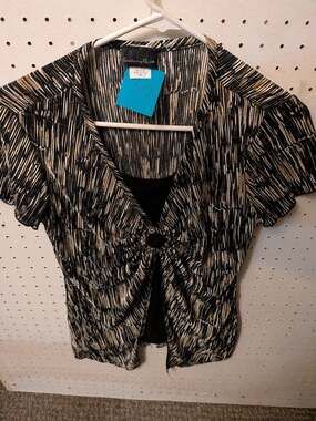 Brittany Black Women's Pleated Black and White Striped V-Neck Short Sleeve Top